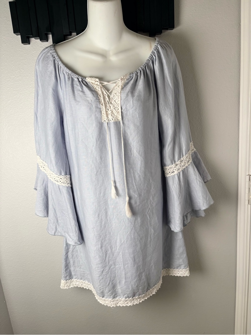 Union Of Angels Blue Crochet-Trim Long Bell Sleeve Boho Peasant Dress Size M